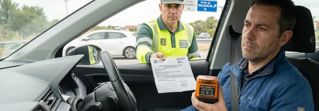 Conductor sujentando una Baliza V16, y recibiendo multas por mala utilización de esta