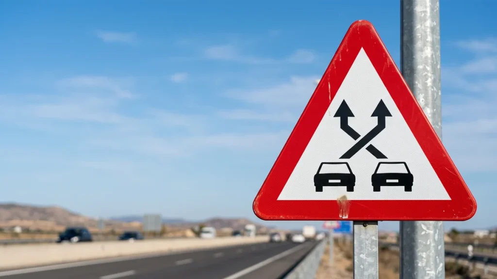 Señal P-35 de la DGT que advierte de un carril trenzado en autovía