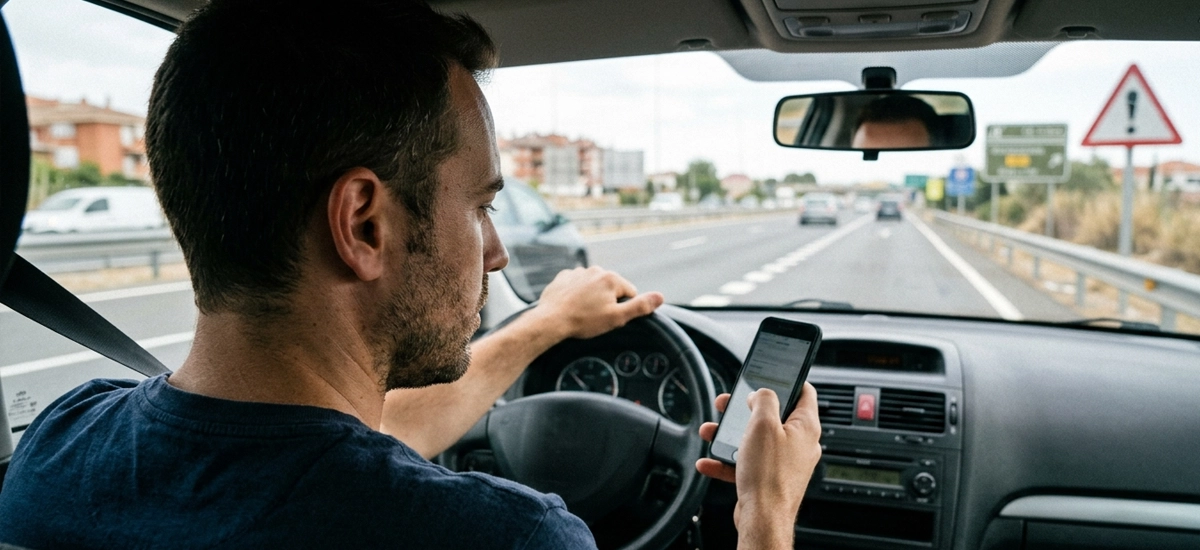 Conductor sujetando el móvil al volante con señal de prohibición