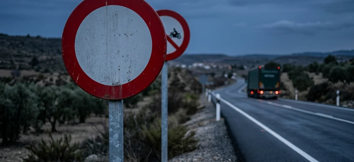 Señal R-305 prohibición de adelantamiento activada en tramo de carretera convencional