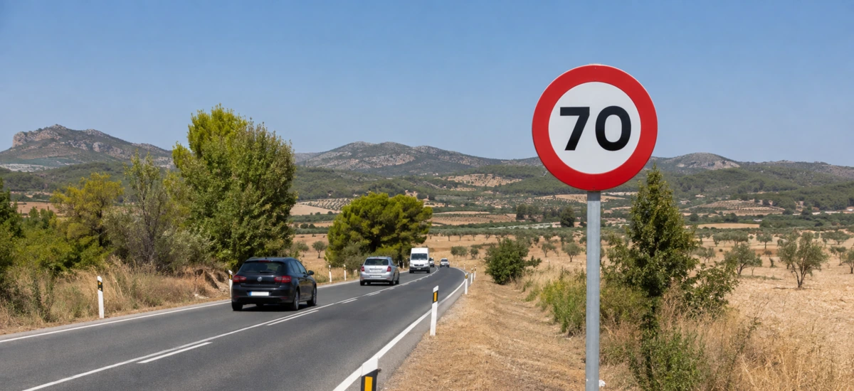 señal de límite de velocidad en una carretera secundaria española