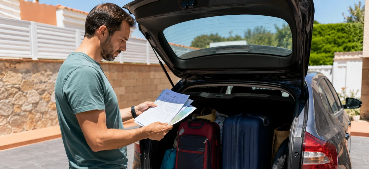 conductor revisando papeles del coche (seguro, ITV) antes de un viaje