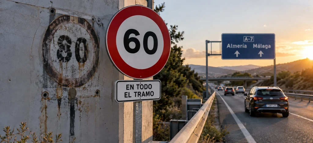 señal de velocidad de 60 km/h junto a radar fijo en autovía española,