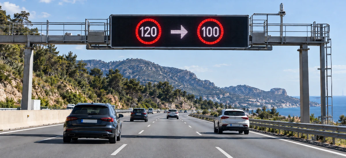 "¿Qué ha anunciado exactamente la Generalitat en la AP-7?" — panel de señalización electrónica en autopista mostrando el cambio de 120 a 100 km/h