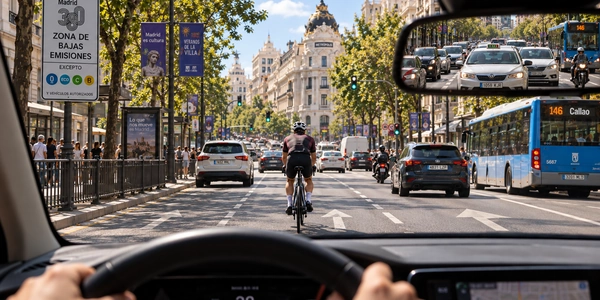 Ciclista en el centro del carril delante de un coche y un autobús urbano en Madrid, según el nuevo Real Decreto 518/2026