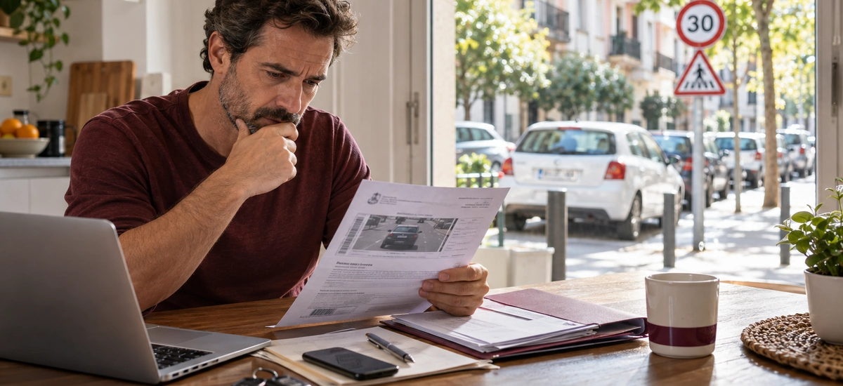 Conductor revisando en la cocina de su casa una notificación de multa de tráfico basada en el Real Decreto 518/2026