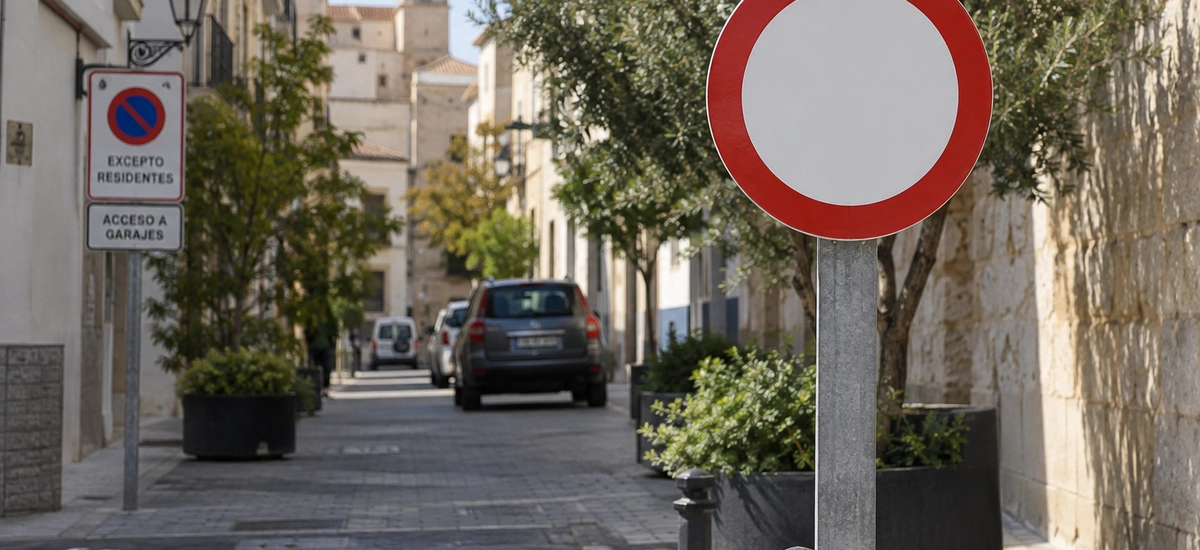 Señal r-100 circular blanca con borde rojo instalada en el acceso a una calle peatonal española cerrada al tráfico
