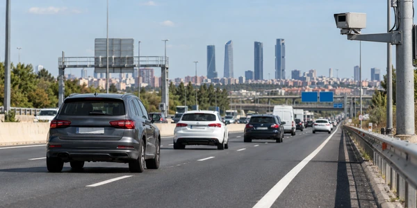 Autovía de acceso a Madrid con cámara de control de tráfico y circulación de vehículos