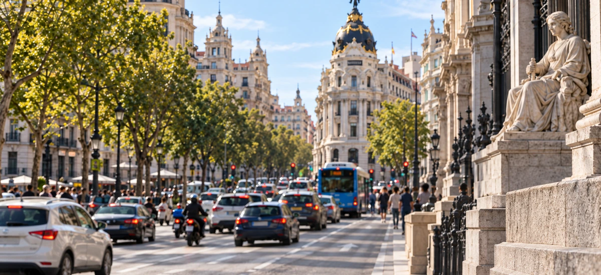 Tráfico de coches en el centro de Madrid, en una avenida afectada por las restricciones de las ZBE.