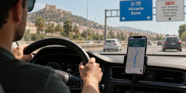 conductor al volante de día en una carretera española, con el móvil fijado en un soporte sobre el salpicadero mostrando un mapa, manos en el volante,
