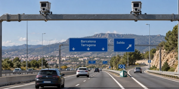 Pórtico con dos cámaras de control sobre una autovía española y tráfico fluido junto a la línea continua de un radar de línea continua