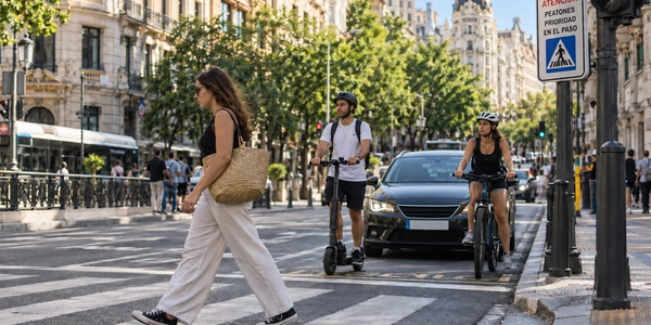 Usuarios vulnerables en un cruce urbano de España: peatón, patinete eléctrico y ciclista con casco ante un coche detenido, según la reforma del Reglamento de Circulación