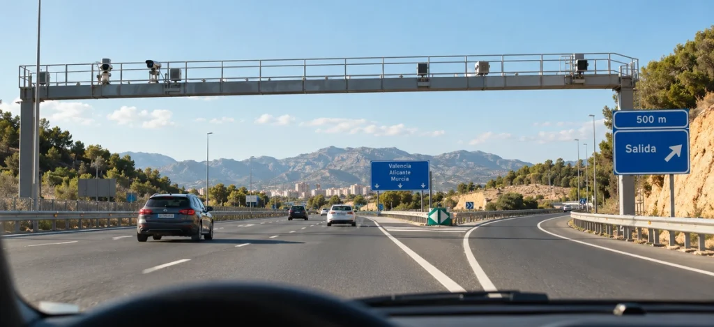 Vista desde dentro de un coche del acceso a una autovía, con una línea continua blanca junto al carril de salida y un pórtico con cámaras al fondo, para entender cómo funciona un radar de línea continua