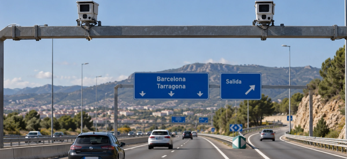 Dos cámaras fijas sobre un pórtico metálico en el acceso a una autovía, con una línea continua blanca que separa el carril de salida, sobre el radar de línea continua