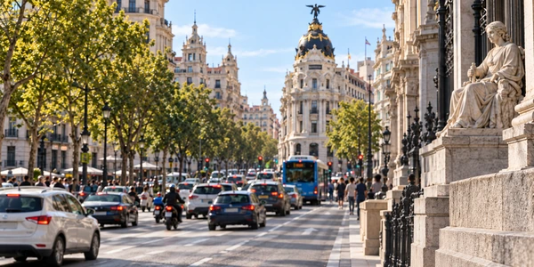 Vehículos circulando por una calle del centro de Madrid, con edificios históricos y tráfico urbano.